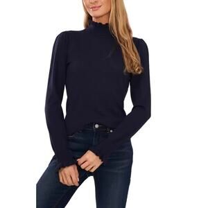 CeCe Women's Ruffle Mock Neck Long Sleeve Pullover Sweater Classic Navy XS NWOT